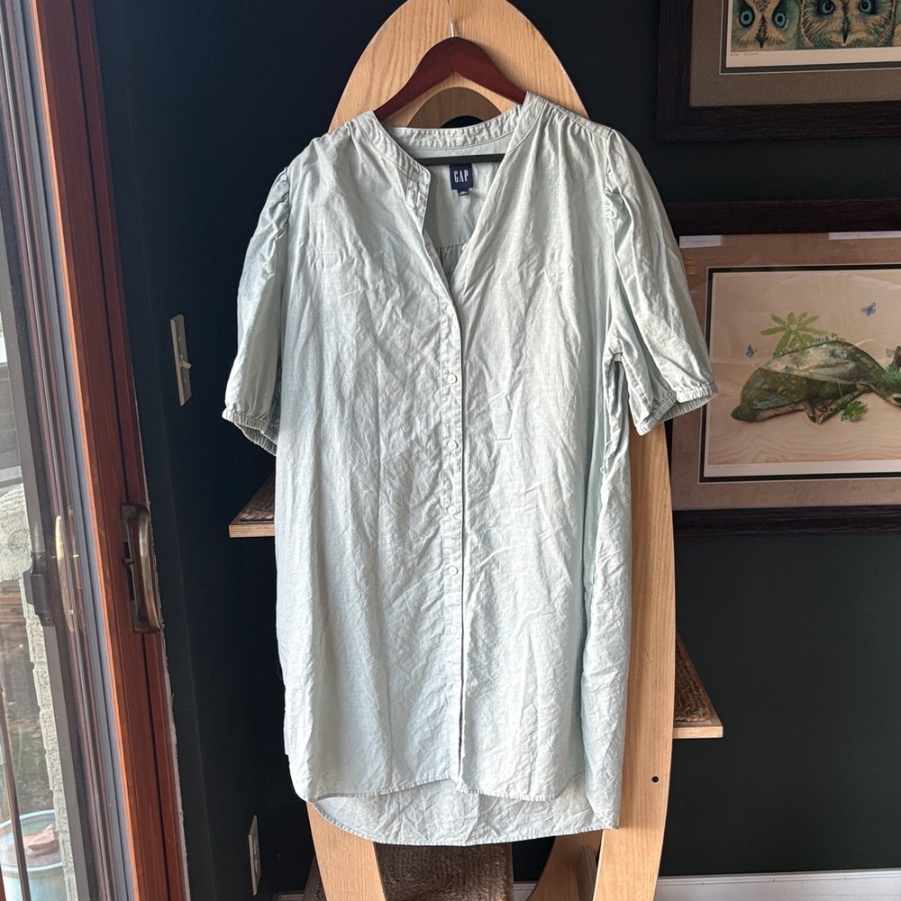 GAP women’s Pale Sage Short-Sleeve Button-Down Shirtdress Size XL Linen Blend